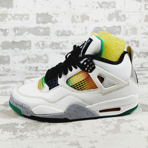 Jordan Shoes - Air Jordan 4 Retro Rasta White Lucid Green Logo Lace Up Athletic Sneakers E344